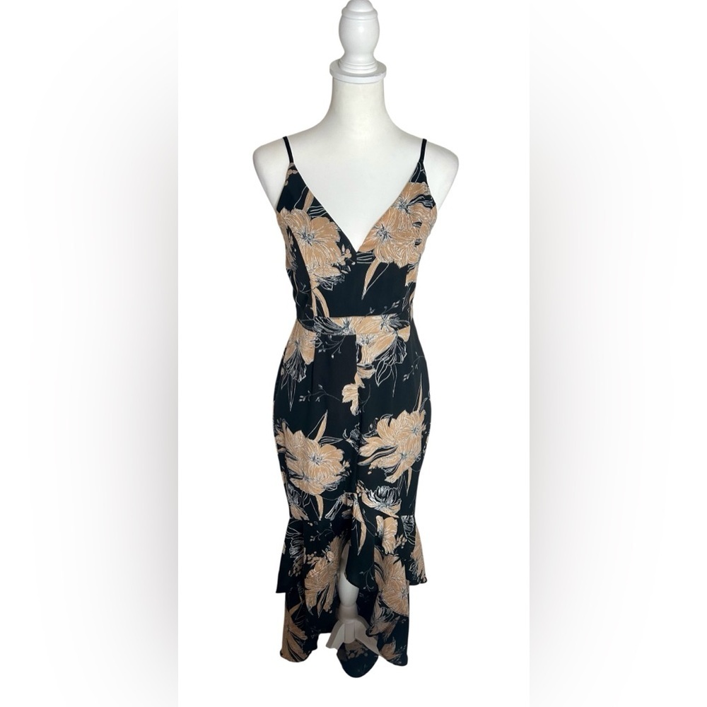NWT Lulu's Black & Tan Floral V-Neck High Low Maxi Dress Sz M Boho Tropical